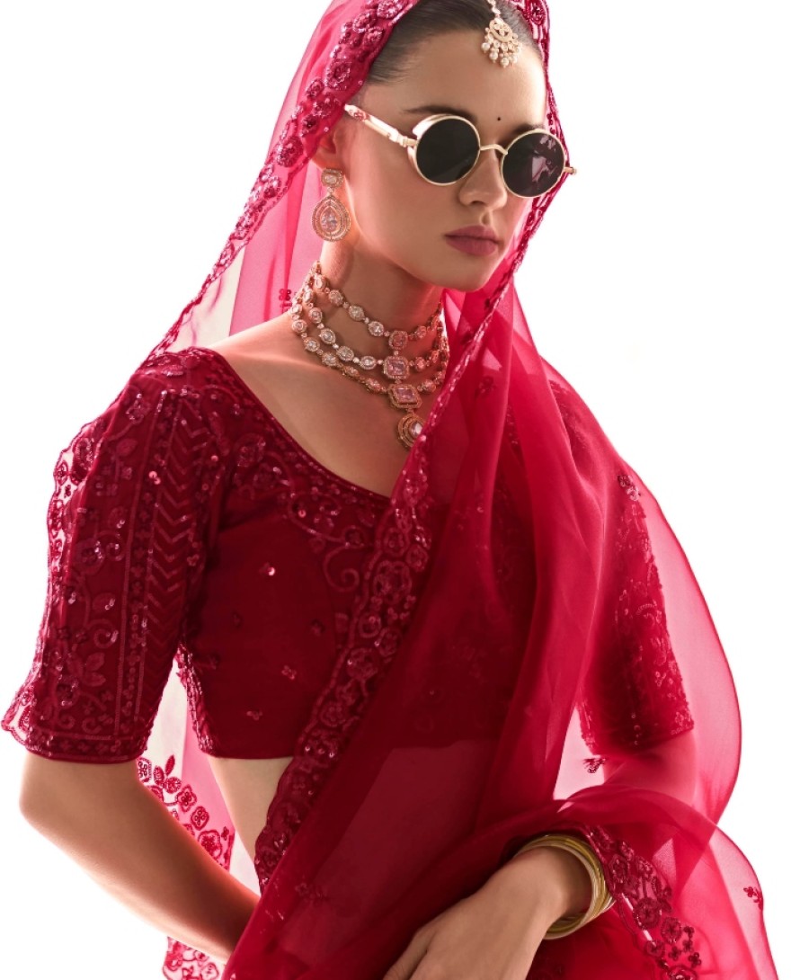 2222 - LOVELY RED SEQUINS WORK TISSUE SILK BRIDAL WEAR SAREE WITH BLOUSE